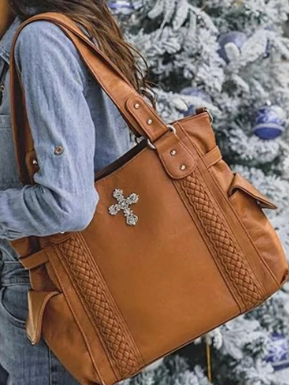 Large Tote Crossbody Bag Brown Vegan Leather Southwestern Silver Cross Purse